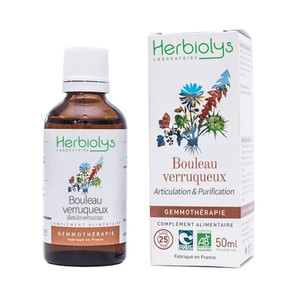 Flacon de macérat de bourgeons de Bouleau verruqueux bio. Complément alimentaire pour soutenir les fonctions rénales et osseuses. Gemmothérapie Herbiolys.