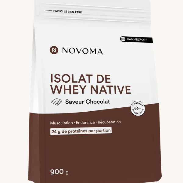 Isolat de Whey Native Chocolat Novoma: Protéine de lactosérum pure et naturelle, idéale pour la récupération musculaire et la prise de masse