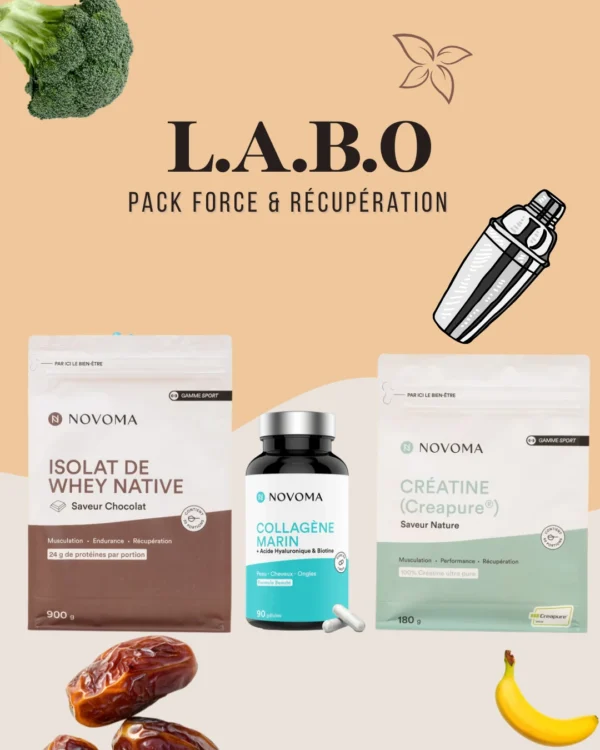 Pack Force & Récupération composé de la créatine, whey isolat native et de collagène marin pour une meilleur récupération et une amélioration de la performance sportive.