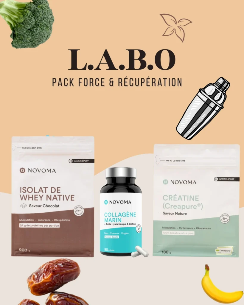 Pack Force & Récupération composé de la créatine, whey isolat native et de collagène marin pour une meilleur récupération et une amélioration de la performance sportive.
